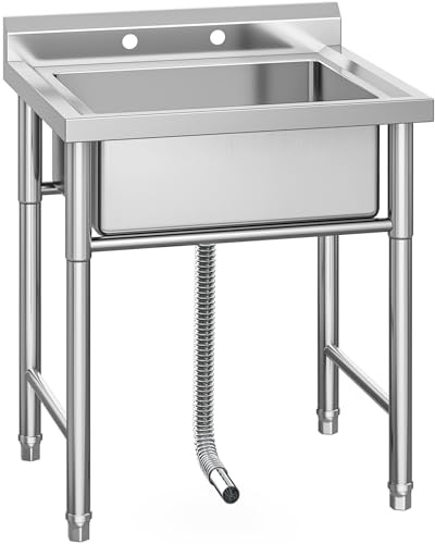 YITAHOME 29in Utility Kitchen Sink Free Standing Single Bowl with Pipe NSF Stainless Steel Commercial Sink for Laundry Room Bathroom Farmhouse Garage Indoor Outdoor