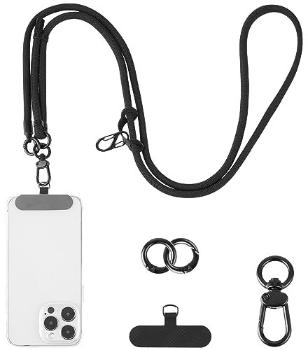 Amaxiu Cell Phone Crossbody Lanyards, Thick Nylon Phone Lanyard Strap Around the Neck Universal Adjustable Phone Straps with 2pcs Tether Pads Compatible with Mobile Phones, Earphone, Keychain(Black)