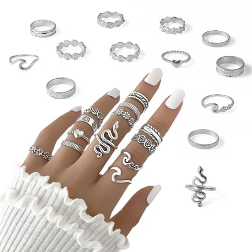 Ryaupy 13er Schlangenkette Stapelringe im Vintage Boho Stil, Set Knuckle Rings für Frauen und Mädchen - Größen gemischt und einstellbar, Punk Ring Set in Silber