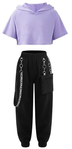 Runhomal Ensemble Fille Sport Tenue de Danse Fille Modern Jazz Legging Jogging Survêtement Yoga Gymnastique T-Shirt Haut Court Streetwear 3-16 Ans Wd Lavande 11-12 ans