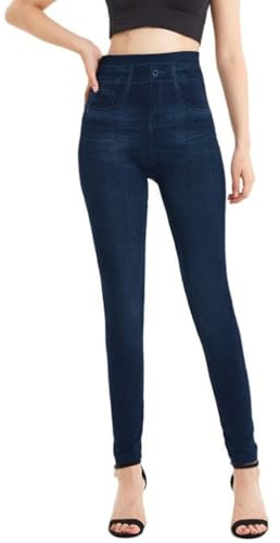 ORANDESIGNE Femme Legging Imprimés Denim et Papillons Leggings Imitation Jean Jeggings Taille Haute Slim Pantalon Moulant Collant Extensible Pantalon de Crayon Treggings I Bleu XL