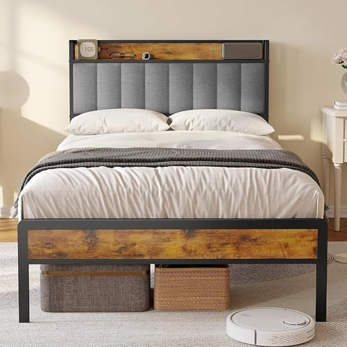 Bealife Bettgestell mit Metalllattenrost, Einzelbett mit Leinenbezug, Bett mit gepolstertem Kopfteil und Stauraum (Hellgrau, 120×200cm)