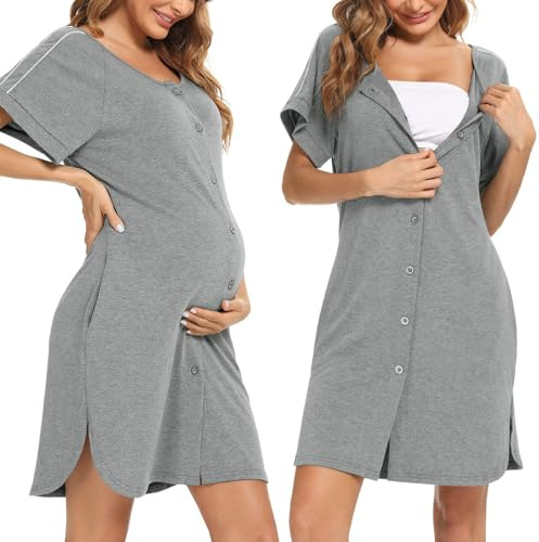 iClosam Camisón Lactancia Mujer Algodón Camisones de Maternidad con Botones | Manga Corta, Abertura Frontal, Corte Holgado, Suave Cómodo, Transpirable, Premamá, Embarazada, Posparto, Casa