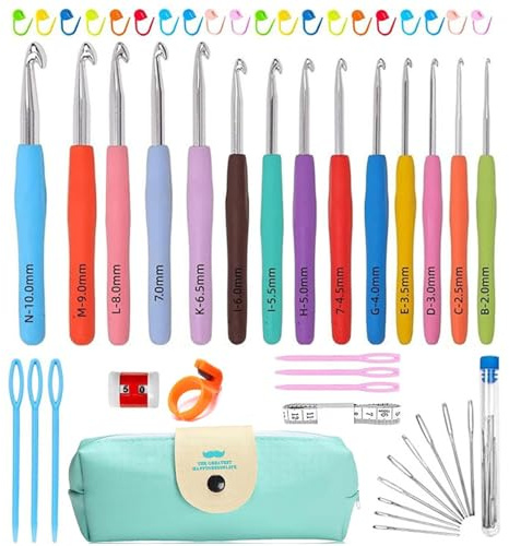 54 Piezas Kit Agujas Ganchillo con Bolsa Almacenamiento, Ganchillos Coloridas 14 Tamaños, Accesorios Crochets Mangos Ergonómico, Set Herramienta Tejer 2mm-10mm para Principiantes, Adultos,Mujer Regalo