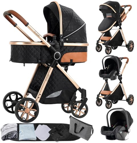 Cochecito de bebé reversible 3 en 1 con asiento de seguridad, capazo alto, capota ajustable y estructura de aluminio(negro)