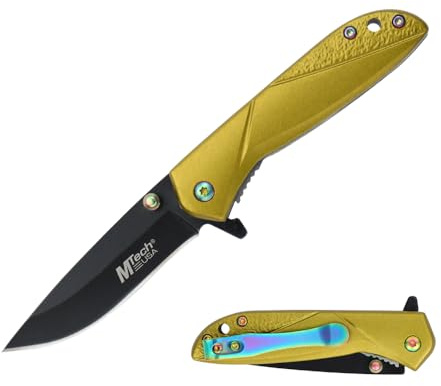 MTECH USA Folding Pocket Knife, 6.3 inch Overall Length, Aluminum Handle, 3Cr13MoV Steel Blade, EDC, Survival, Camping (Gold)