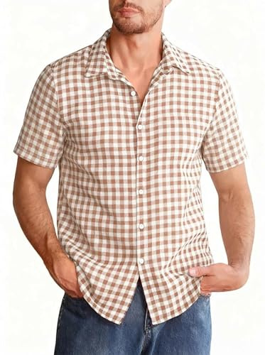 Halfword Chemise Homme à Carreaux Manches Courtes Coton Boutons Popeline Respirante Vacances Traditionnelle Bureau Décontractée Été