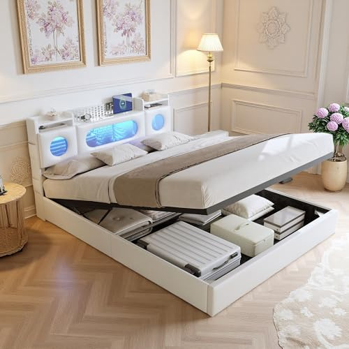 LieABak Boxspringbett 160x200 cm mit Stauraum, Polsterbett Jugendbett mit Bettkasten, Hydraulisch Stauraumbett mit Offenen Regalen, Doppelbett Bettgestell mit Lattenrost, PU (Weiß, 160x200cm)