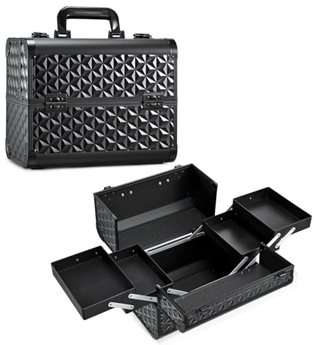 Professional Vanity Case Large Makeup Box Lockable Makeup Case Beauty Organiser Cosmetic Make Up Organiser Box 4 Trays with Keys, Geometric Black
