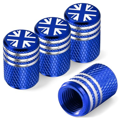 4 Pack Union Jack Metal Alloy Tyre Valve Caps, Corrosion Resistant (Blue) | Aluminum Dust Caps for Car Tyres with O-Ring Seal, Universal Tire Valve Stem Caps for Cars SUVs Motorcycles Bicycles Trucks