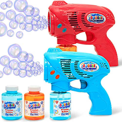JOYIN 2 Seifenblasenpistole für Kinder mit Seifenblasenflüssigkeit (2 * 130 ml), seifenblasenmaschine für Party, Seifenblasen Pistole für Sommer Party, Indoor Outdoor Aktivitäten, Ostern(blau+rot)