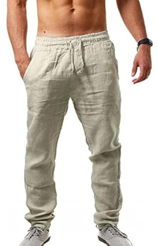 Sprifloral Men's Linen Casual Pants Drawstring Lightweight Summer Beach Trouser Khaki