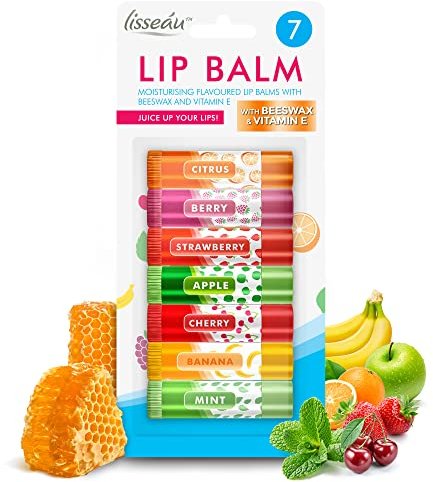 SOL 7pk Lip Balm Set Flavoured Moisturiser for Lips with Beeswax & Vitamin E - Fruit Lip Balm Set for Girls for Dry Chapped Lips - Moisturising Balms Multipack Sticks Girls Lipbalm for Daily Use