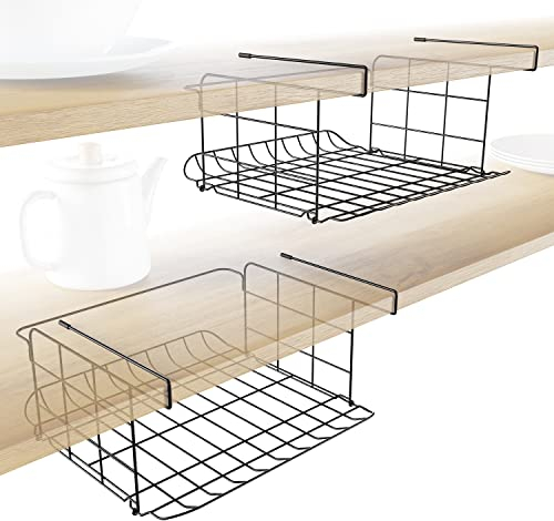 KD Essentials – 2× under-shelf storage baskets, set of two, grid design – practical under-shelf storage baskets for the pantry, office, all-round metal organiser for shelves
