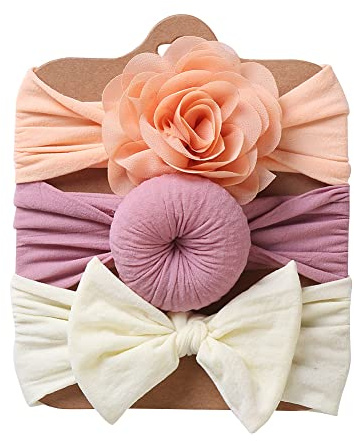 ISAKEN Fasce Capelli Neonata, 3 Pezzi Fascia per Capelli per Neonata in Cotone, Elastica Fasce per Capelli per Bambini con Fiocchi, Morbido Elastico Turbante Accessori per Capelli per Neonati
