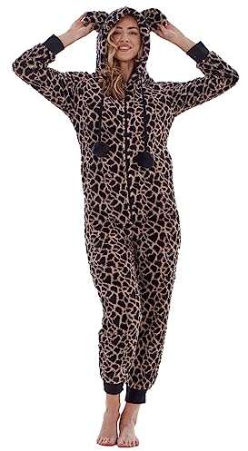 Keanu Womens Thick Snuggle Hooded Onesie - Luxury Warm Fleece Novelty Onesie with Pom Poms - Rose Gold, Snow Grey & Black - Sizes 8-20