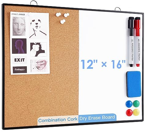 ARCOBIS Cork Board White Board Combo, 12X16 Small Bulletin Board for Wall, Double-Sided Magnetic Dry Erase Corkboard, Vision Whiteboard for Office,Home,School, Black