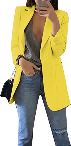 Yming Frauen Cardigan Mit Taschen Langarm Anzug Freizeit Lose Revers Jacke Gelb M