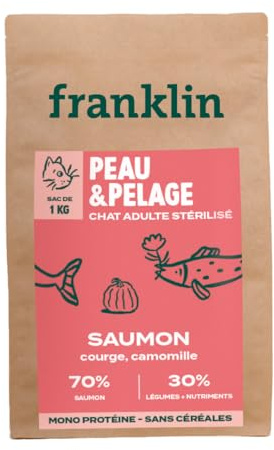 Franklin – Croquettes pour Chat Stérilisé – Gamme Bien-être – avec 70% de Saumon – sans Céréales – Hypoallergénique – Peau et Pelage – Taille 10mm – 1 kg