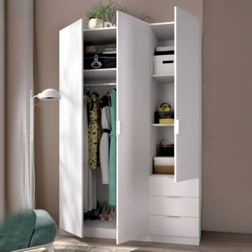 Dmora - Guardaroba Cimone, Mobile appendiabiti per camera da letto, Armadio a 3 ante battenti e 3 cassetti, 121x52h184 cm, Bianco
