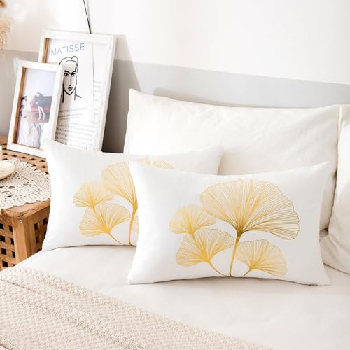 ETOLISHOP Uppsättning av 2 kuddfodral, 30 x 50 cm, Ginkgo Biloba sammetskuddöverdrag, vitt kuddöverdrag, mjuka mysiga kuddöverdrag, dekorativt kuddöverdrag, modernt dekorativt kuddöverdrag för soffa