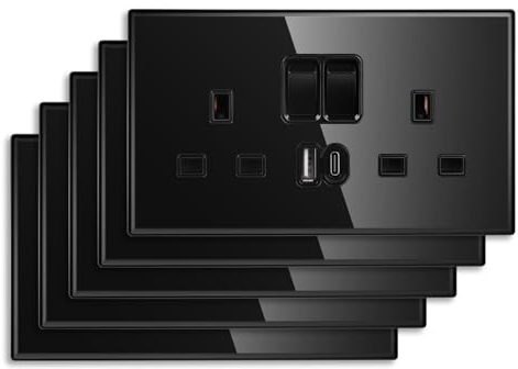 CNBINGO Double Switched Socket with 20W PD USB C and A Fast Charging Ports, Electric Power Sockets 2 Gang 13 Amp, Wall Outlet Black Tempered Glass Panel, 5 Pack