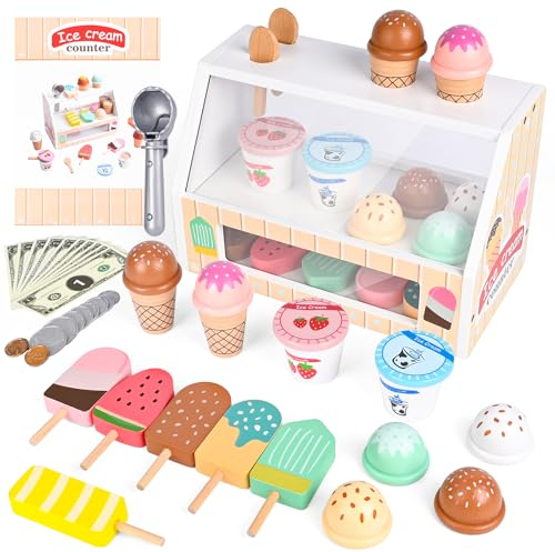 Euakee Crème Glacée Enfants Bois, Cuisine Enfants Accessoires, Magasin de Glace Enfant Jeux de Rôle Jouets en Bois Jouets Montessori Cadeau pour Garçons Filles à Partir de 3 Ans