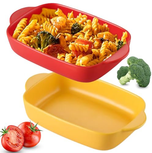 BEYGIH 2 Stück Lasagne Auflaufform, 23cm*14cm Backform Rechteckig, Auflaufformen mit Keramikgriffen, Auflaufform Klein für Lasagne/Pie/Auflauf/Pasta/Kuchen (Gelb + Rot)