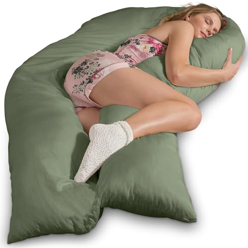 Traumreiter Seitenschläferkissen Visco XXL langes & hohes Hybrid Wendekissen mit Memory Foam [orthopädisch] + Watte Seite. Schwangerschaftskissen zum Schlafen Komfortkissen mit Bezug Baumwolle Oliv