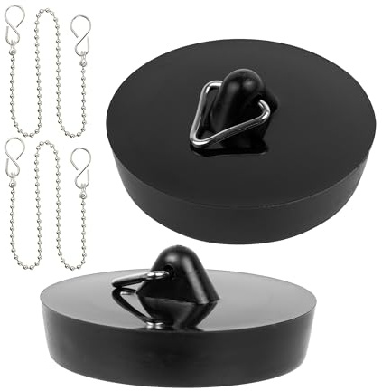 Set di tappi con catena, 2 tappi, 2 catenas, nero, Ø 45,5-42 mm, Ø 41-36 mm, tappo di scarico in PVC per piani di valvole da 1 3/4, 1 1/2 pollici in cucina, bagno