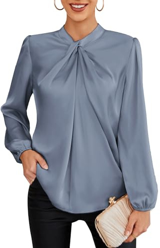 GRACE KARIN Women's Long Sleeve Shirts Mock Neck Casual Satin Blouse Tops for Business Office Work Gray L