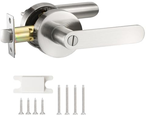 Coolty Lever Door Handle with Lock, Entrance Door Handle Set, Exterior Door Handle Front Lockset for Bedroom/Bathroom/Office/Work Place (Silver)