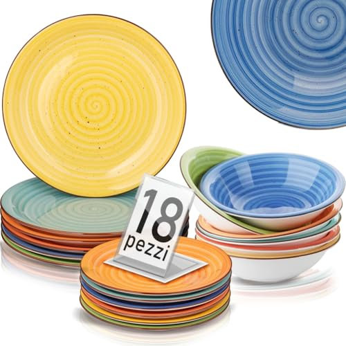 Shally Dogan Servizio di Piatti da Portata 18 Pezzi in Porcellana da Tavolo per 6 Persone, Set Composto da 6x Piatto Piano, 6x Fondo, 6x Dolce e Frutta, Design Moderno Liscio (Multicolore)
