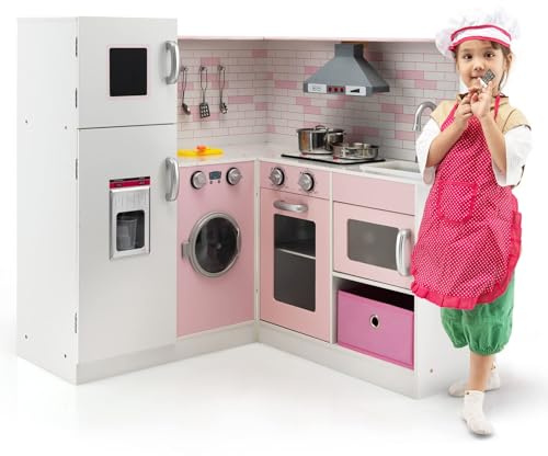 Fantaskk Hörnlekkök för barn med ljud och ljus, barnkök av trä, inkl. förkläde och lektillbehör, rollspel, kök, köksleksset, för barn från 3 år (rosa)