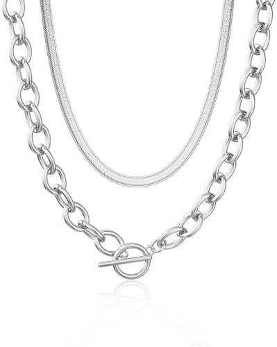 CHESKY Chunky Silver Necklace for Women, Trendy Silver Plated Layered Paperclip Chain Necklace Thick Herringbone Link Chain Toggle Necklaces Non Tarnish Jewelry