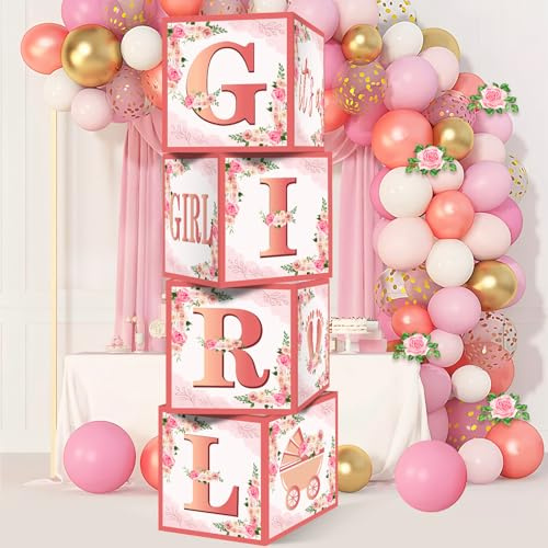 Aodocuto 4Pcs Pink Rose Gold Baby Shower Decorations Balloon Boxes for Girls, Floral It's a Girl Gender Reveal Baby Blocks Boxes Party Supplies, Pregnancy Announcement Cardboard Box Decor