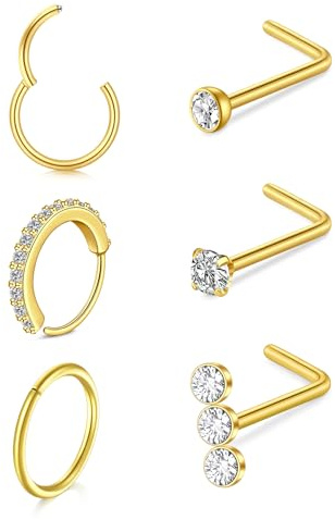 LAURITAMI 6 Pièces 20G Kit Piercing Nez Or Acier Inoxydable Percing Septum Anneaux 8mm, Piercing Nez Forme de L avec Zircone, Bijoux pour les Femmes et les Hommes
