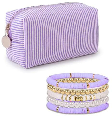 Kococaty remsa sminkväska set preppy estetisk kosmetisk väska resesminkväska toalettväska heishi surfararmband med söta preppy-klistermärken för kvinnor flickor tonåringar gåva, Lila, Preppy och