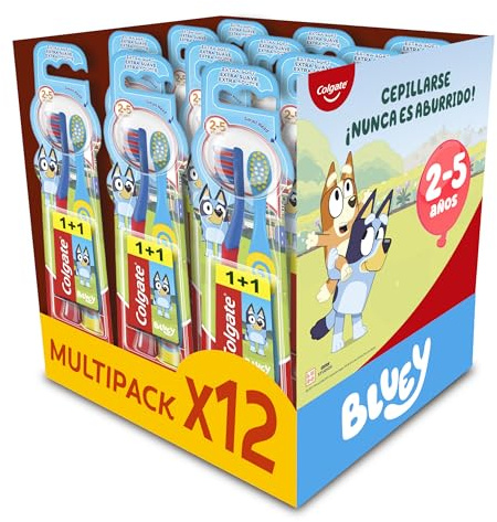 Colgate Pack 12 x 2 Cepillos de dientes Kids Bluey 2-5 años, cepillo de dientes infantil, cabezal pequeño, filamentos extra suaves para una limpieza delicada, mango redondo para un agarre cómodo