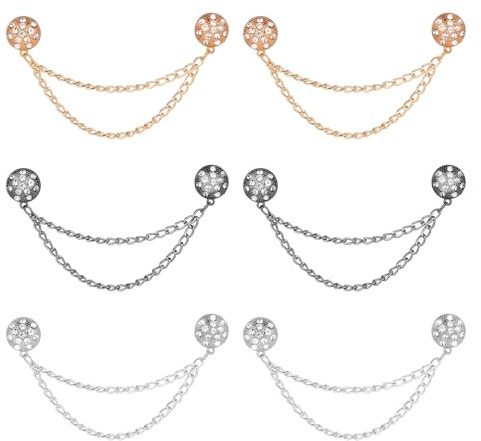 6pcs Magnetic Clothing Clips, Versatile Glitter Round Rhinestones Magnet Clothing Pins with Chain Strong Magnet Button Clips for Fixing Hijab Clothes Hem Long Pants Cuff Shirts Sleeves (3 Colors)
