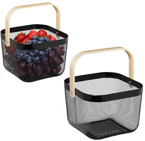 Drahtkorb mit Henkel,Garten-Erntekörbe,Eckiger Aufbewahrungskorb,Tragekorb im Loft-Style, für Bad Küche Picknickc,18 x 24,5 x 24,5 cm,2 Stück(Schwarz)