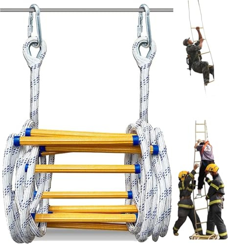 Genérico Escalera de Cuerda ignífuga de 10 m, Cuerda de Rescate portátil de Emergencia con 2 Ganchos para Ventanas, Balcones, barandillas y Seguridad en Casas en los árboles - Escalera Extensible dur