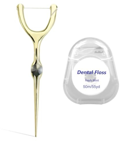 XBFOCNH Juego de Soporte para Hilo Dental de Acero Inoxidable Reutilizable, Incluye 1 Soporte de Metal Dorado y 1 Caja de Hilo Dental, Kit de Limpieza Interdental Portátil para Higiene Bucal Diaria