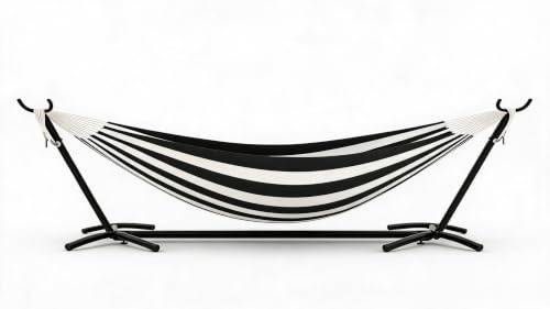 GarveeLife Hamaca Doble Soporte Hierro Plegable, Gris Oscuro Rayas Blancas