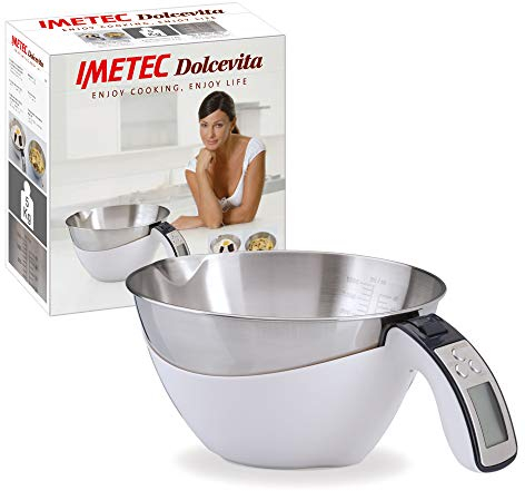 Imetec Dolcevita ES4 Bilancia Elettronica da Cucina, Pesa Solidi e Liquidi, Contenitore Estraibile, Scala Graduata, Portata 5 Kg, Divisione 1 g, Funzione Tara, Display Digitale, Spegnimento Automatico