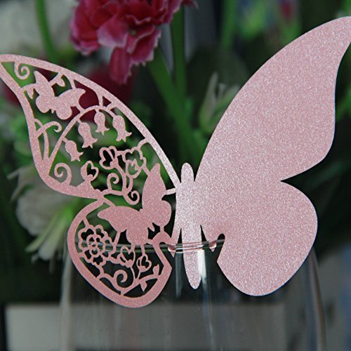 Jypc 100pz farfalle Segnaposto Segnabicchiere bomboniera matrimonio segnatavolo (Rosa)