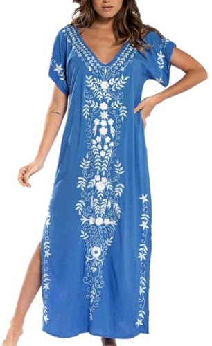 YouKD Sommarlång kaftan, bohemisk strandkimono, baddräkt, täckande, plus storlek, klänning för kvinnor, En blå, en storlek