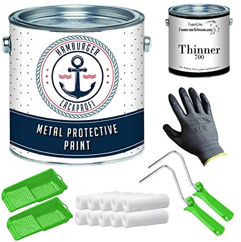 Hamburger Lack-Profi - Barniz protector para metal, color blanco RAL 9016, pintura metálica, pintura protectora para metal, con set de pintura (X300) y dilución (1 litro), color blanco