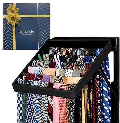 TieMaster Tie Rack and Scarf Organizer, Battery-Free Design, Holds 60 Ties and Scarves with 5 Belt Hooks, Easy Installation, Wall Mounted Tie Organizer, Luxury Gift for Men & Women