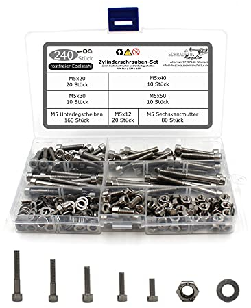 240 teiliges Set aus Zylinderschraube mit Innensechskant nach Norm DIN 912 Sechskantmutter DIN 934 und Unterlegscheibe DIN 125 Edelstahl Größe M5